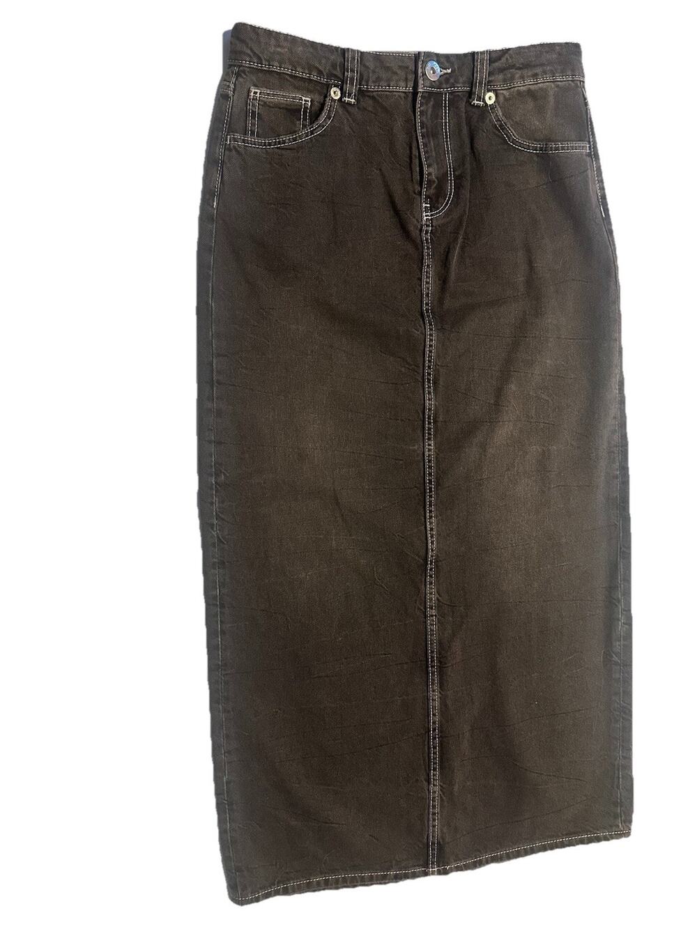 Divided Women’s Sz 4 Black Denim Maxi Skirt Straight Pencil Back Slit Spring